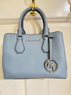 MICHAEL KORS Medium Pebbled Saffiano Leather Satchel in Light Blue